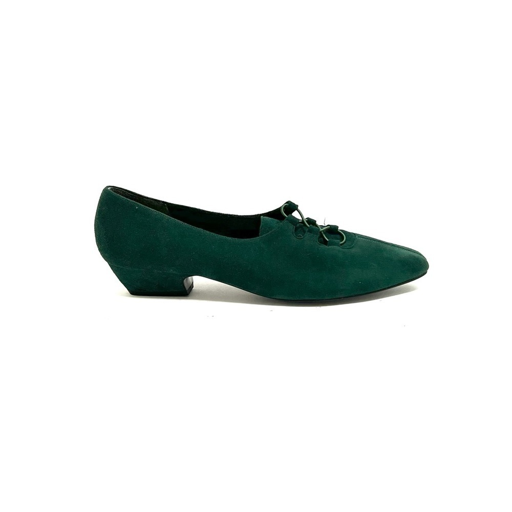 Vintage 1990s deadstock forest green suede elastic lace kitten heel booties